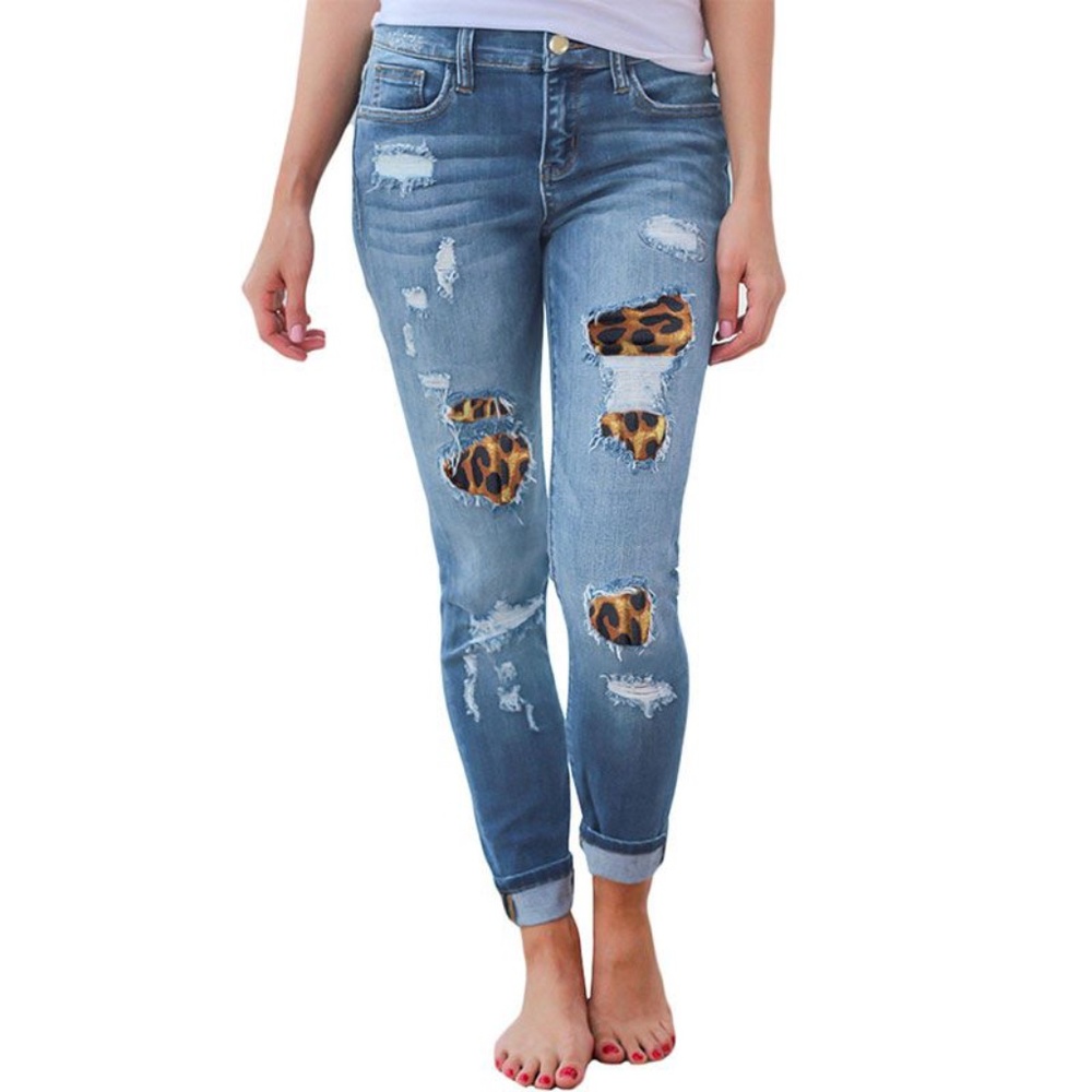 Leopard Print Patchwork Ripped Jeans